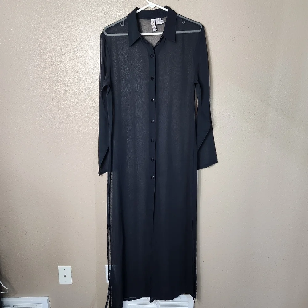 Sun Streak by Newport News Womens |M| Black Sheer LS Maxi Cover Up Dress w/Slits